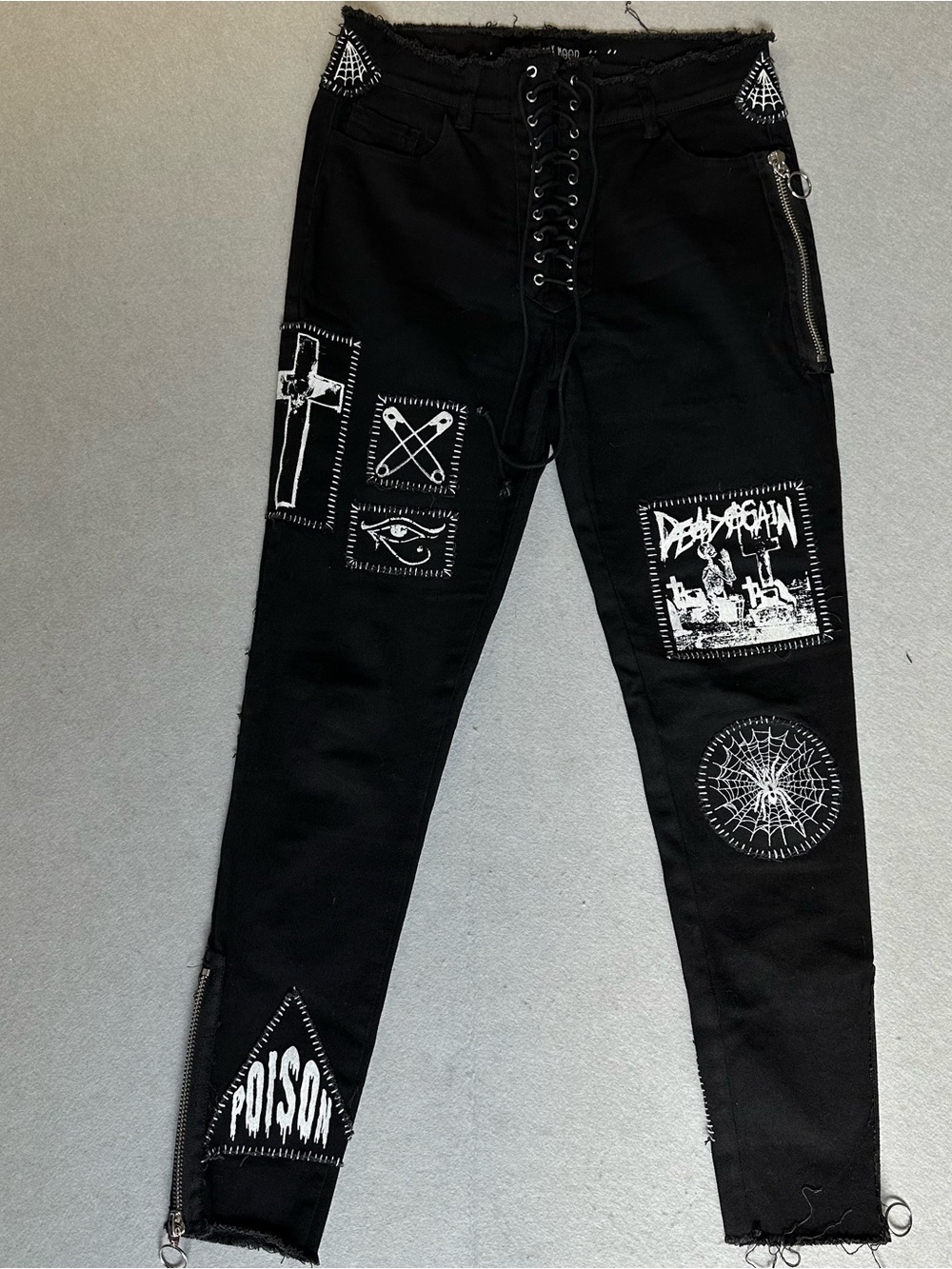 Current Mood Black Patchwork Lace-Up Gothic Kids Jeans